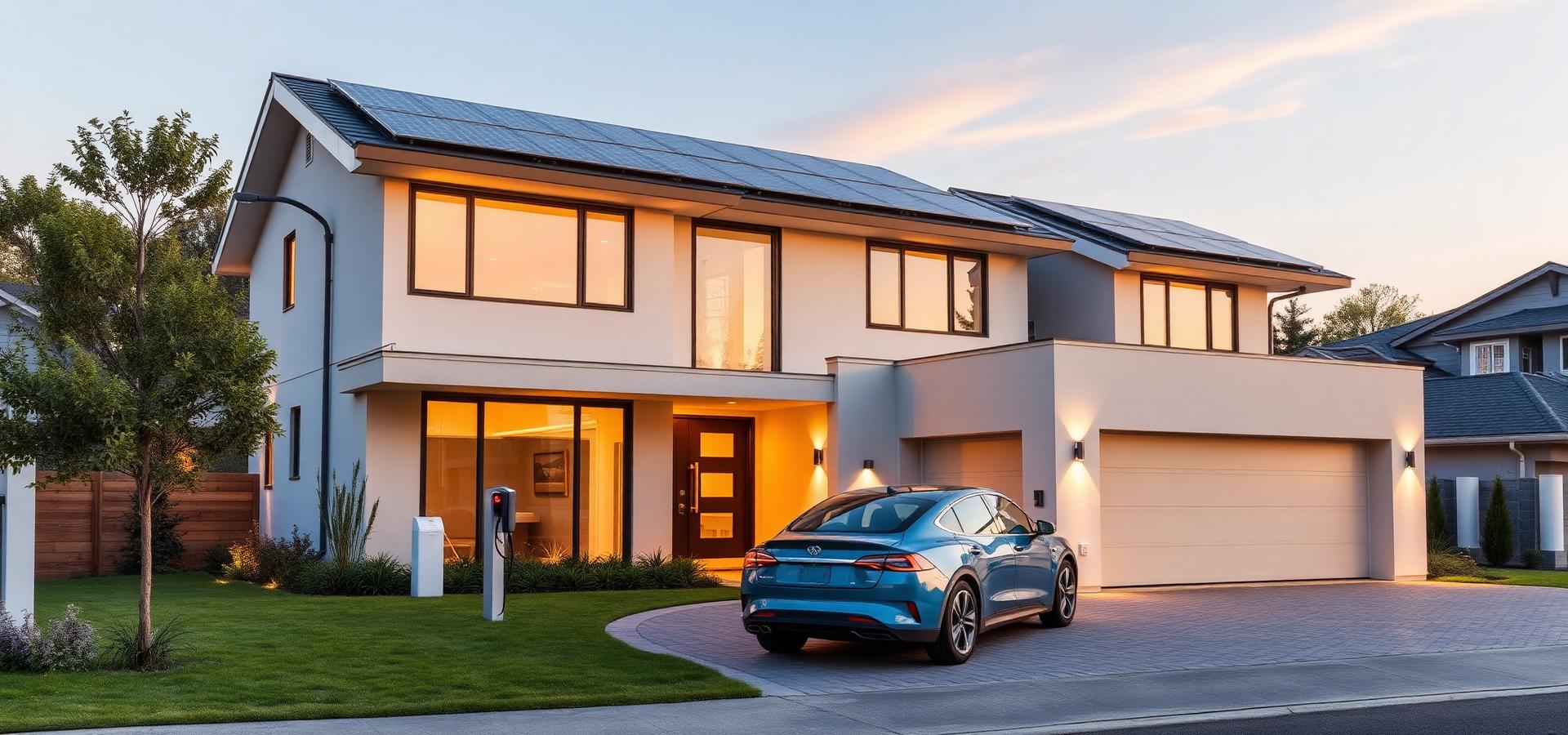 Modern net-zero home with rooftop solar panels and EV charging